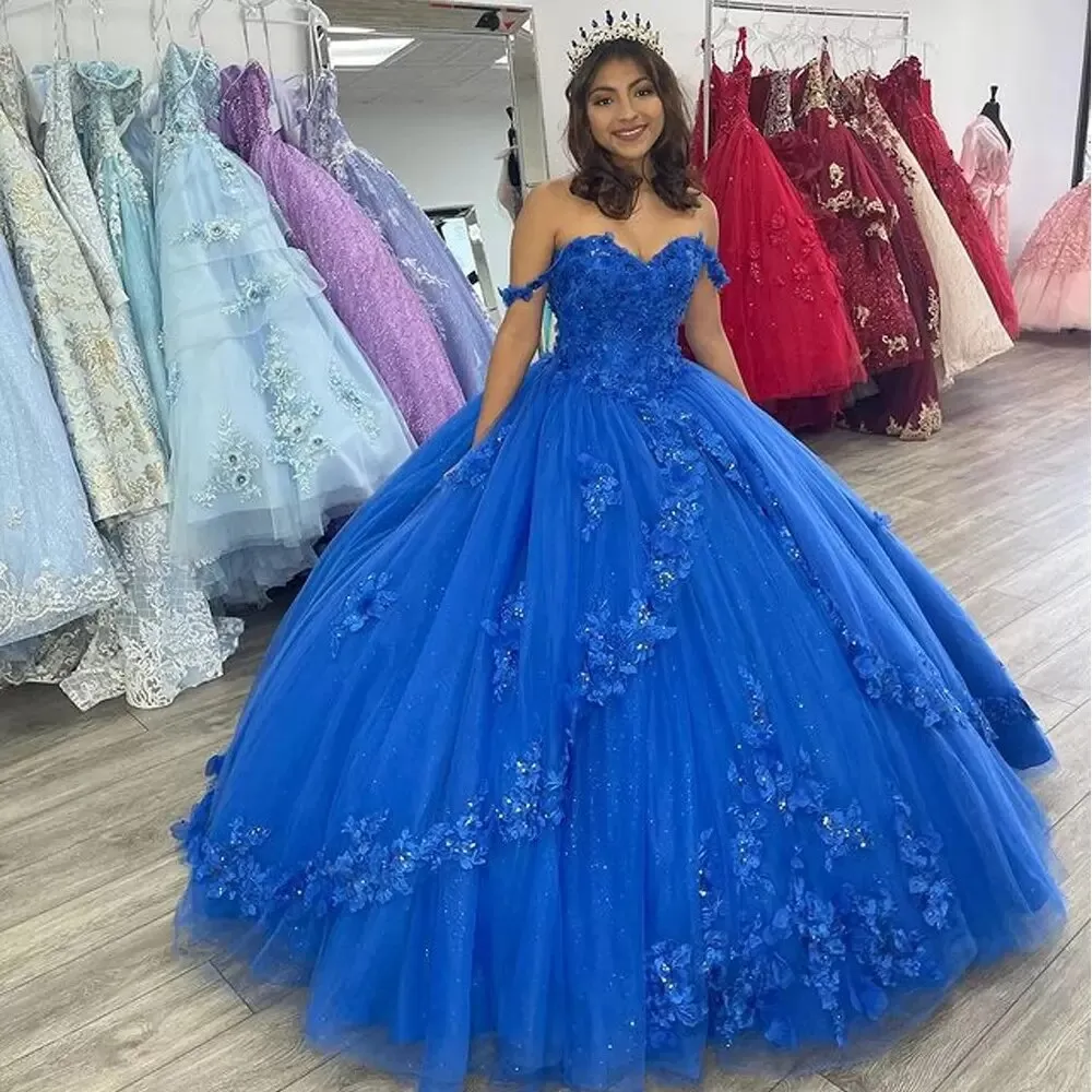Off-Shulder Ball Gown Quinceanera Dresses Vestidos De 15 Anos Fashion 3D Flower Tulle Sweet 16 Princess Party Gown  gh948