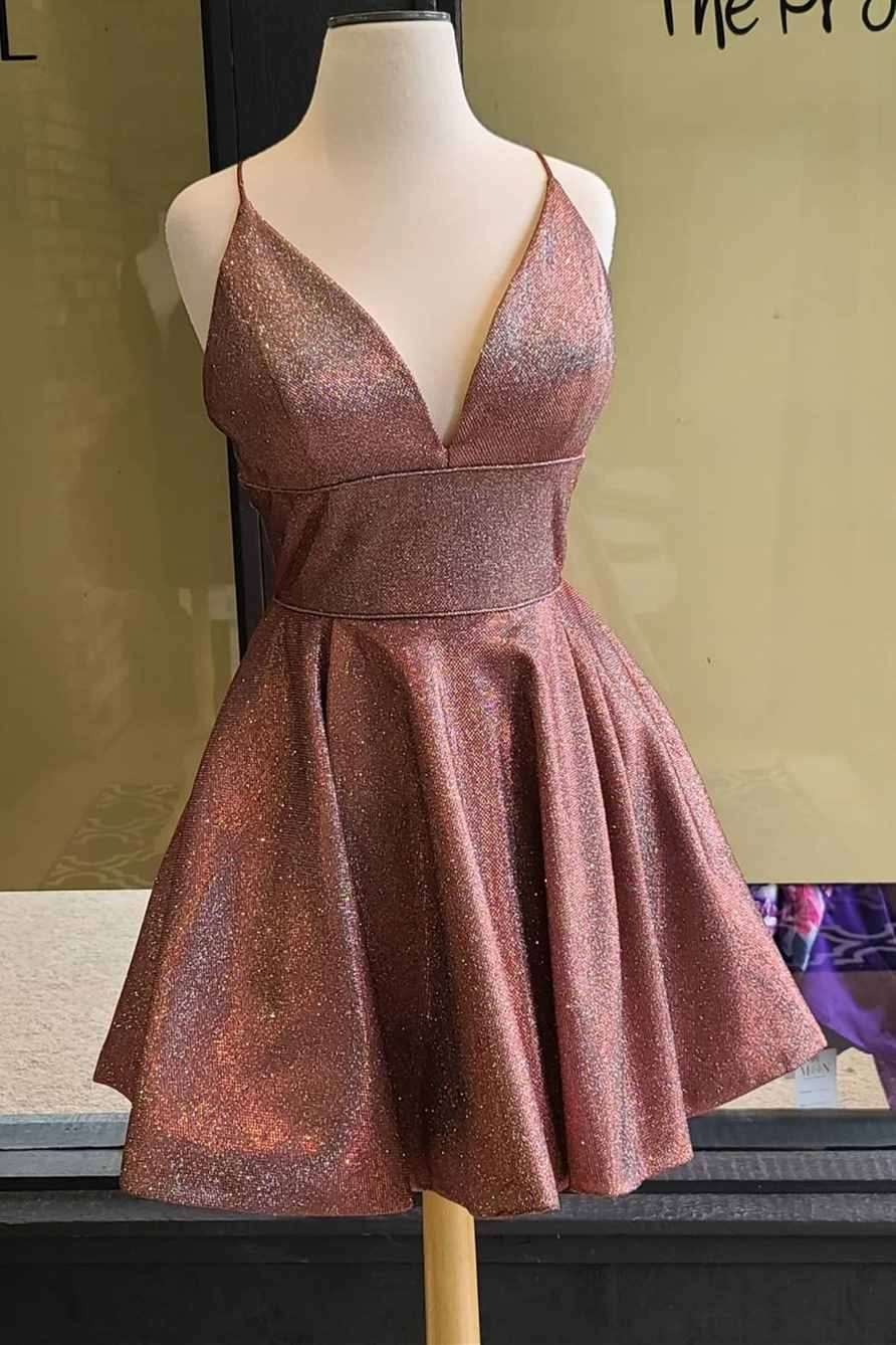 Robe de soirée trapèze à sequins rouge rouille et col en V gh1464