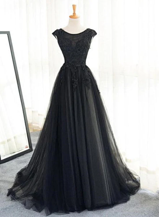 Schönes schwarzes Tüll-Abendkleid, schwarzes Partykleid formelles Kleid gh594