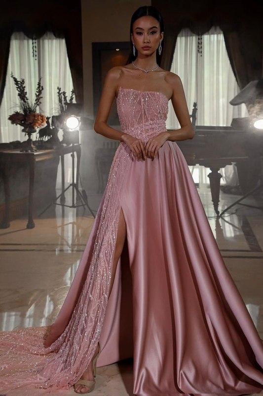 Pink Strapless Sleeveless Sequins A-Line Prom Dress With Split gh724