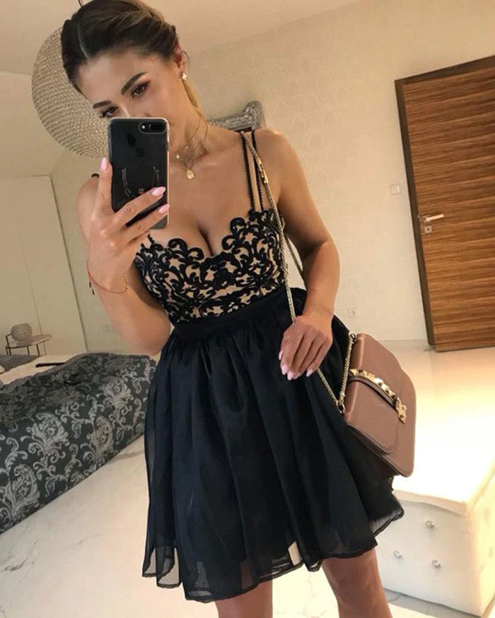 Straps Sweetheart Black Appliques Ball Gown Organza Short Sexy Backless Homecoming Dresses gh1769