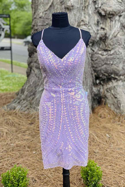 Lavender Sequins Tight Mini Party Dress  gh1533