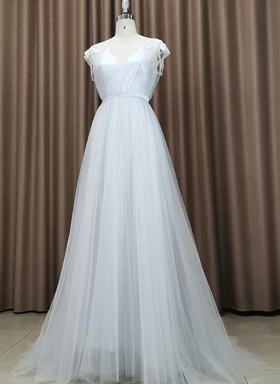 Beautiful Light Grey Tulle Long Party Dress, Light Grey Evening Gown gh183
