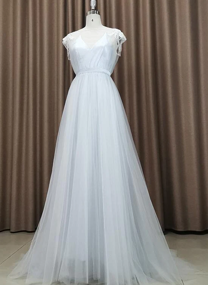 Belle robe de soirée longue en tulle gris clair, robe de soirée gris clair gh183