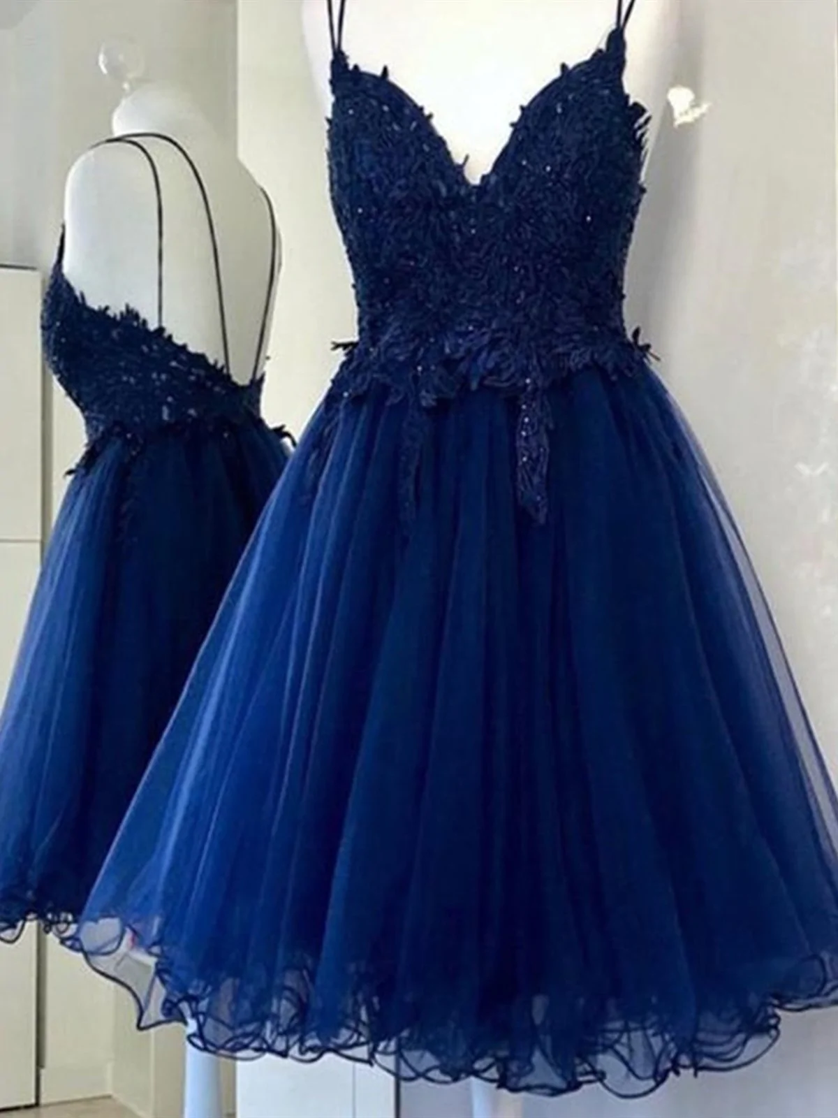 Robe de bal courte bleue à col en V et ligne A, robe de soirée courte en dentelle bleue gh1603