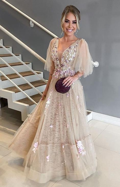 Langes Ballkleid in A-Linie mit V-Ausschnitt und Applikationen gh1105