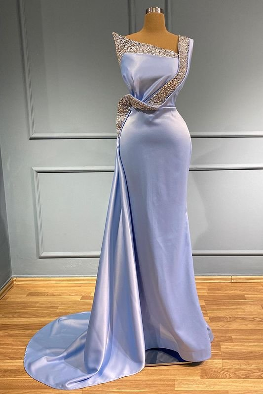 Robe de bal sirène bleu clair à une épaule sans manches avec perles longues et volants gh716