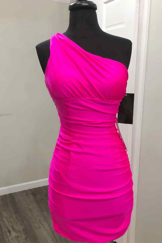 One Shoulder Hot Pink Tight Homecoming Dress gh1201
