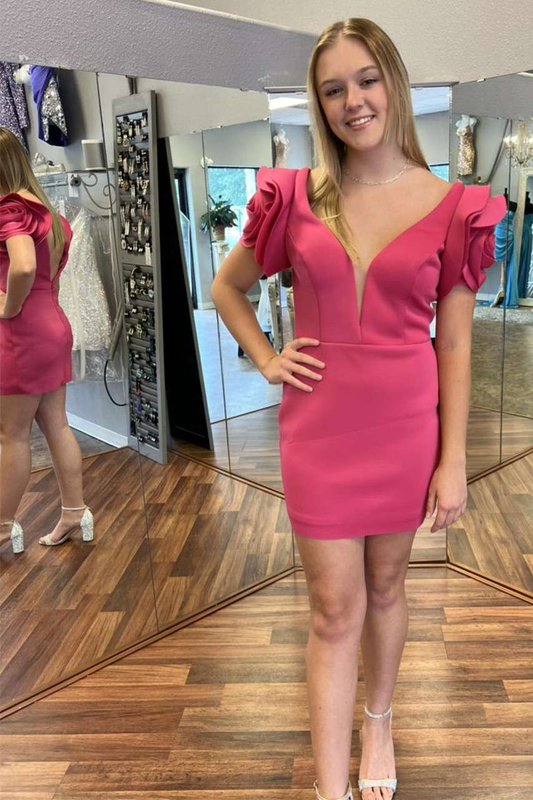 Hot Pink Plunge V Ruffled Sleeve Backless Cocktail Gown gh1268