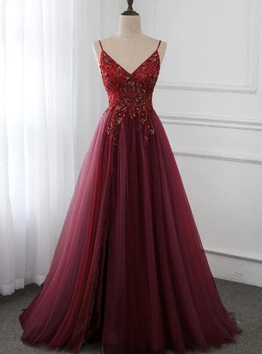 Superbe robe de soirée longue perlée rouge vin, robe de bal junior bordeaux gh216