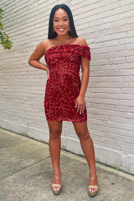 Wine Red Sequin One-Shoulder Short Homecoming Dress gh1237