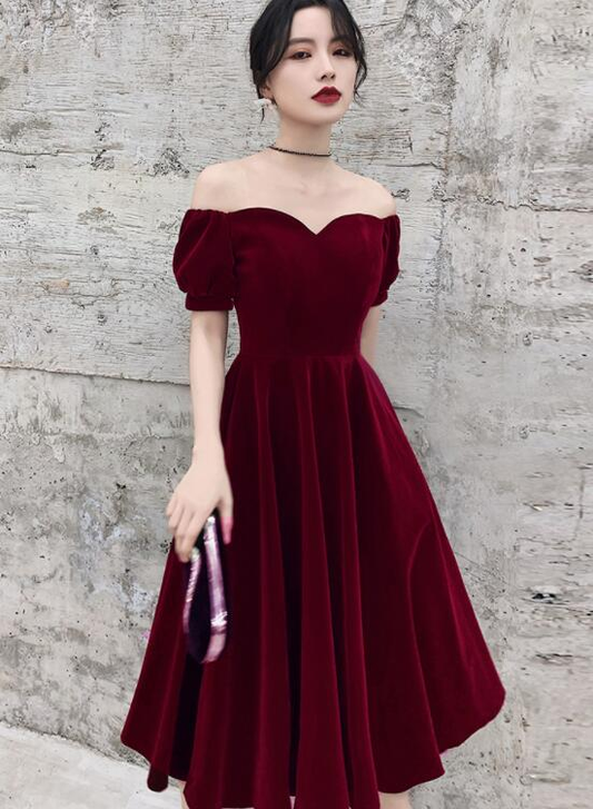 Wine Red Short Velvet Evening Dresses, Off Shoulder Prom Dresses Bridesmaid Dress  gh233