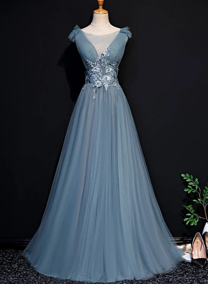 Belle robe de soirée longue en tulle bleu, robe de bal trapèze avec appliques en dentelle gh271
