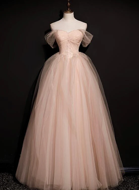 Robe de soirée longue en tulle rose avec perles et dentelle, robe de soirée rose gh90