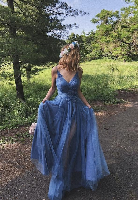 Robe de soirée longue en tulle et dentelle bleue gh1061