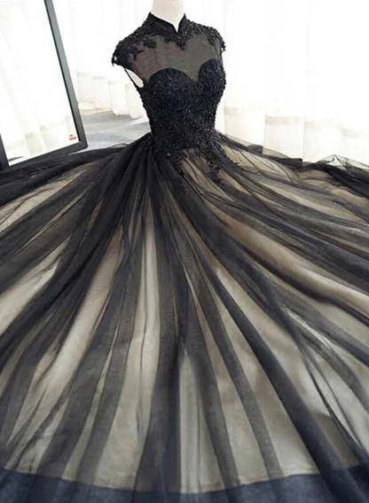 Beautiful Black Prom Dresses High Neck Sweep Train Prom Dress, Black Party Dress  gh437