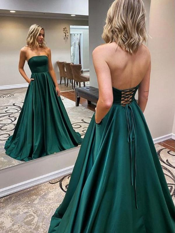 Strapless Emerald Green Satin Long Prom Dresses, Emerald Green Floor Length Long Formal Evening Dresses  gh1081