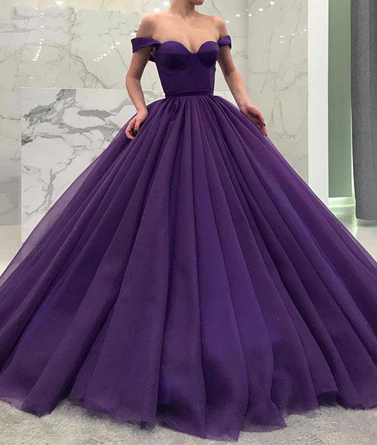 Purple Prom Dresses,tulle prom dress,off shoulder prom gown,long prom gown,tulle evening dress,ball gown prom dresses  gh1165