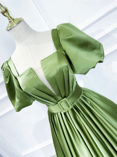 Green Satin Short Sleeves Long Evening Party Dresses, Green Formal Party Dresses gh0002