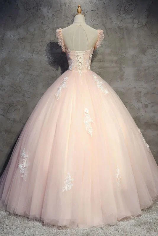 Robe de bal longue en tulle pêche clair avec fleurs, robe de bal princesse à col transparent, robe de soirée gh990