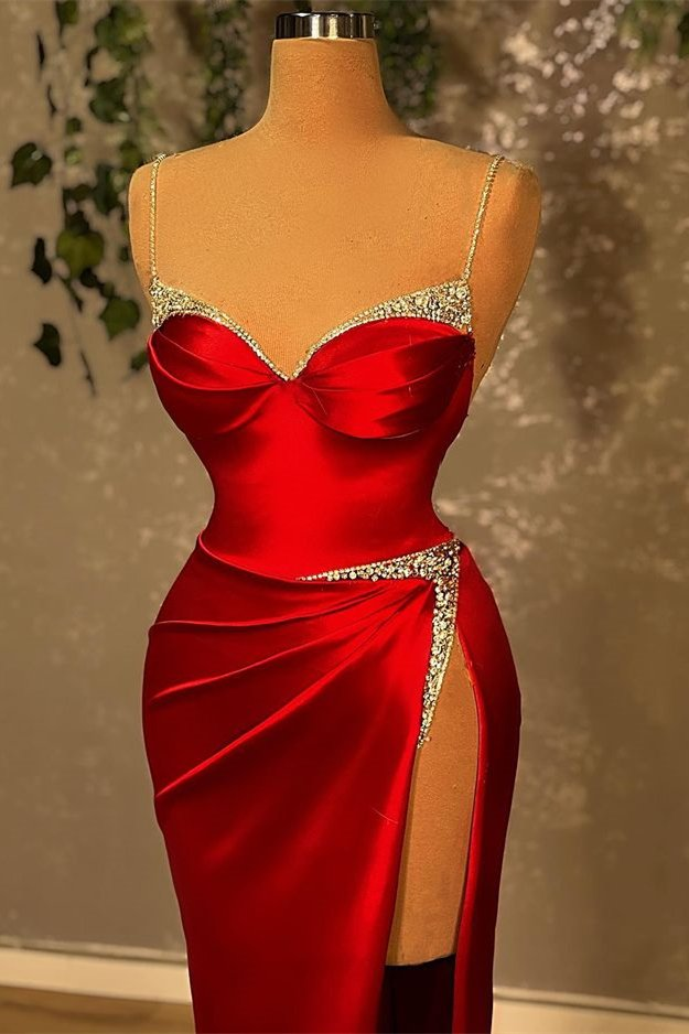Burgundy Spaghetti-Straps Beadings Mermaid Prom Dress With Split gh771