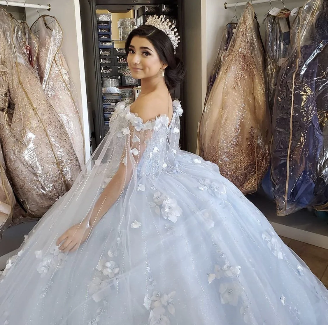 Light blue long ball gown evening gown quinceanera dress off the shoulder floral sequin beads fluffy party princess sweet 16 dress gh976