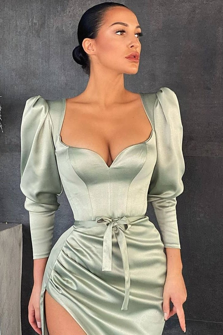 Dusty Sage Long Sleeves Prom Dress Split mit einem Bowknot gh652