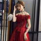 Wine Red Tulle With Beadings And Lace Off Shoulder Evening Gown, Wine Red Prom Dress   gh202