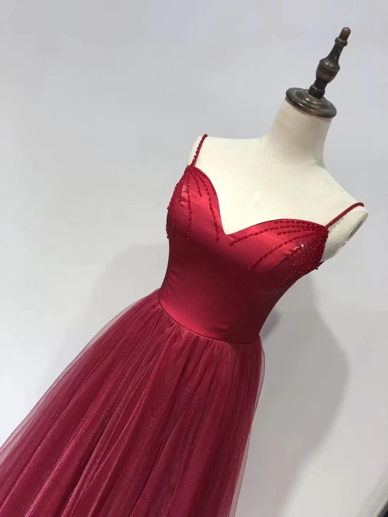 Beautiful Wine Red Straps Beaded Tea Length Wedding Party Dress, Prom Dress   gh589