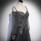 Dark Grey Long Sleeves Lace Applique A-Line Prom Dress, Grey Long Formal Dresses  gh48