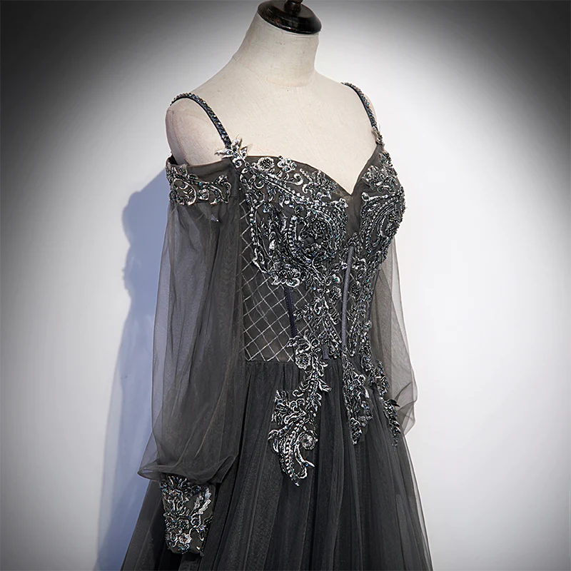 Dark Grey Long Sleeves Lace Applique A-Line Prom Dress, Grey Long Formal Dresses  gh48