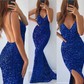 Royal Blue Spaghetti-Straps Blue V-neck Mermaid Prom Dress Split With Sequins gh767