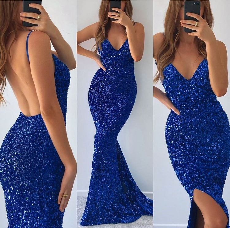 Royal Blue Spaghetti-Straps Blue V-neck Mermaid Prom Dress Split With Sequins gh767