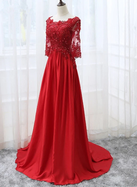 Belle robe de soirée longue en satin rouge à manches courtes, robe de bal rouge gh187