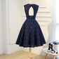 Navy Blue Lace Vintage Knee Length Bridesmaid Dress, Charming Lace Party Dress gh491