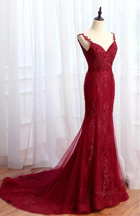 Charming Mermaid Lace Burgundy Prom Dress, Tulle Long Evening Dress gh431