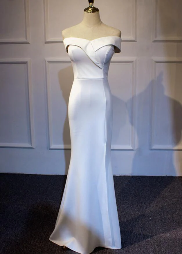 Elegantes weißes schulterfreies Meerjungfrau-Partykleid mit Schlitz, weißes Partykleid gh407