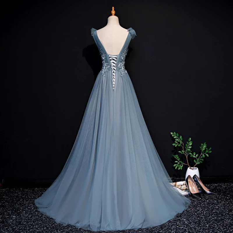 Belle robe de soirée longue en tulle bleu, robe de bal trapèze avec appliques en dentelle gh271