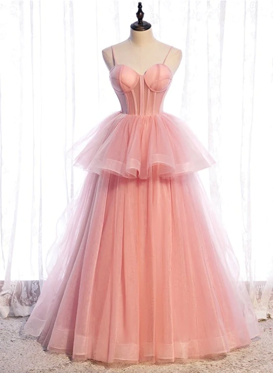Pink Tulle Sweetheart Straps Long Formal Dresses, Pink Layers Party Dresses  gh29