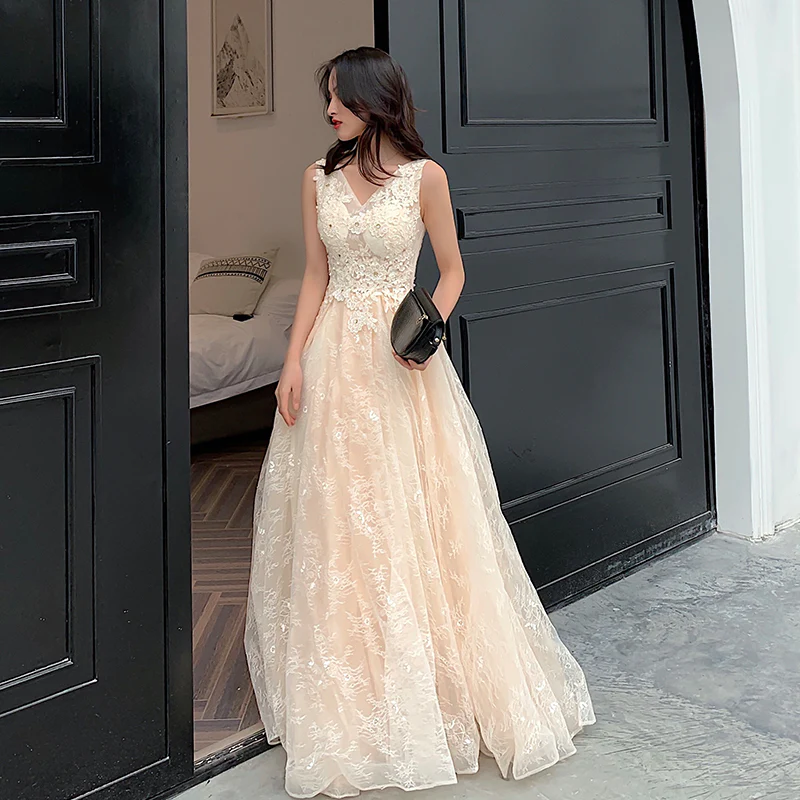 Robe de soirée longue en tulle à décolleté en V et dentelle champagne, robe de bal, robe de soirée en dentelle trapèze gh79