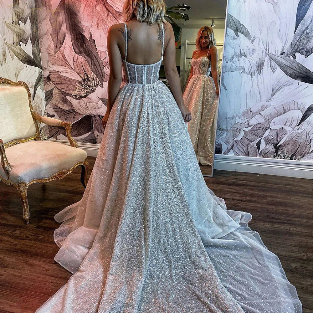 Glitter Wedding Dress A Line Shiny Tulle Straps Beaded Long Tail Bride Gowns  gh934