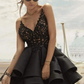A Line V Neck Lace Layered Black Top Lace Short Homecoming Dresses with Spaghetti Straps  gh860