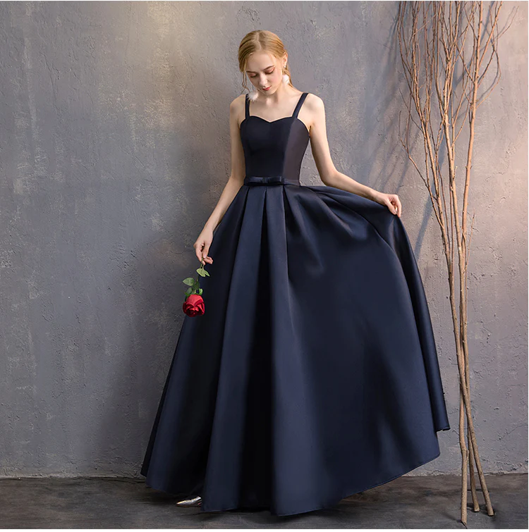 Navy Blue Satin Straps Long Evening Dress Floor Length , Blue Formal Dress Party Dress gh52