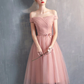 Robe de soirée courte simple en tulle rose à épaules dénudées, robes de bal roses gh81