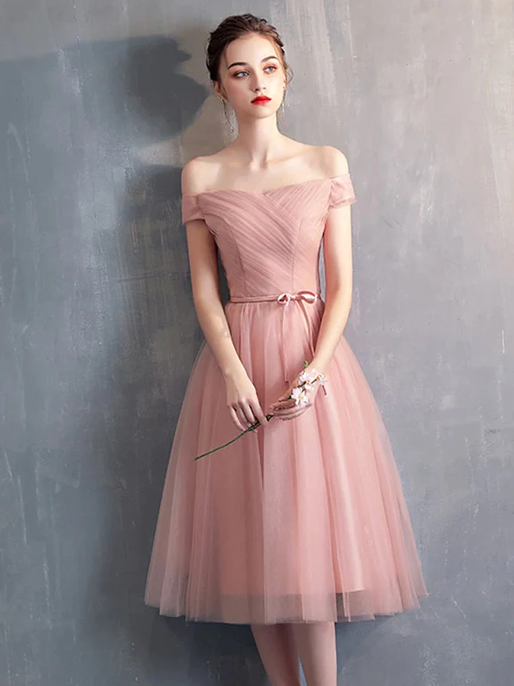 Robe de soirée courte simple en tulle rose à épaules dénudées, robes de bal roses gh81