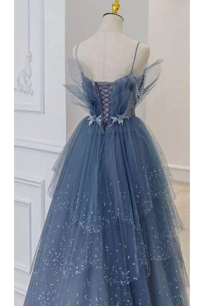 Gorgeous Blue Sparkly Tulle Beaded Prom Dress, Tiered Formal Gown With Rhinestone gh1001