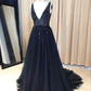Navy Blue V-Neckline Beaded Long Prom Dress, Chic Tulle Sparkle Formal Dress Party Dress  gh124
