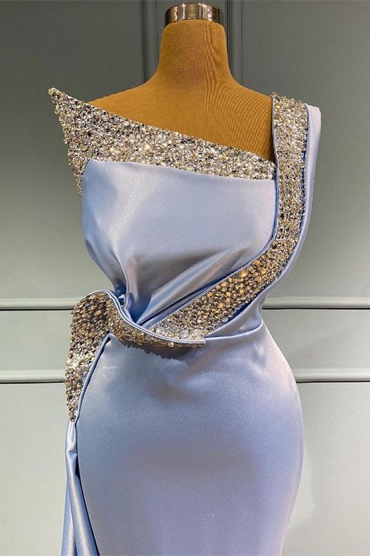 Robe de bal sirène bleu clair à une épaule sans manches avec perles longues et volants gh716