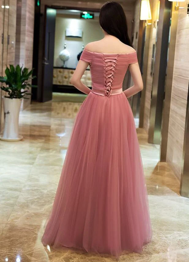 Dark Pink Tulle Off Shoulder Bridesmaid Dress, Long Party Gown gh476