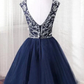 Short Tulle Beaded Dress Blue Knee Length Homecoming Dress, Cute Party Dress  gh496